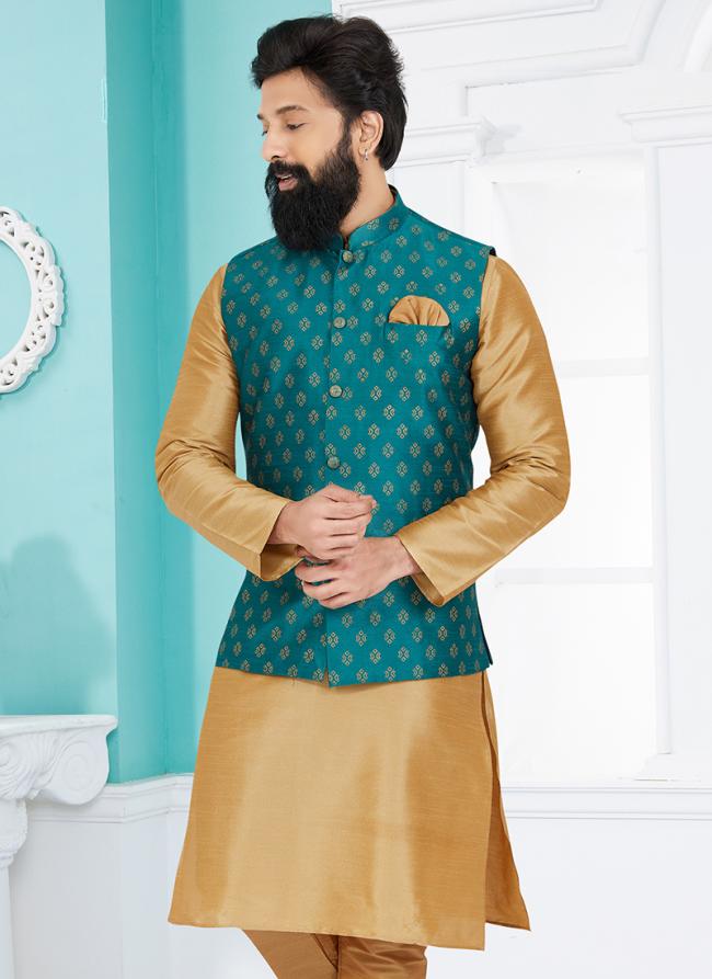 Banarasi Dhupion Rama Blue Wedding Wear Banarasi Work Modi Jacket Kurta Pajama